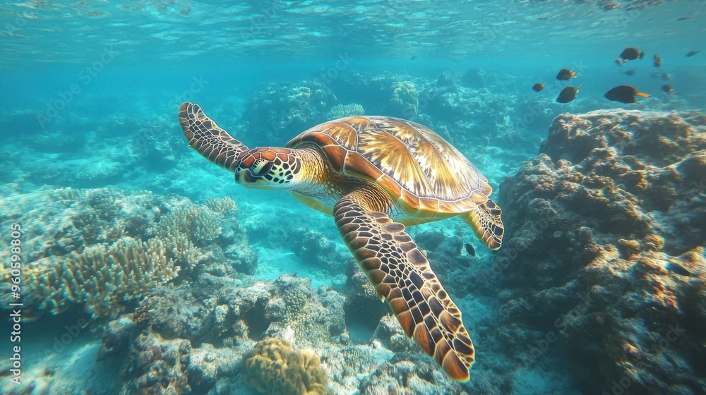 Fototapeta premium A sea turtle swimming gracefully through clear blue ocean waters, with coral reefs and small fish in the background.