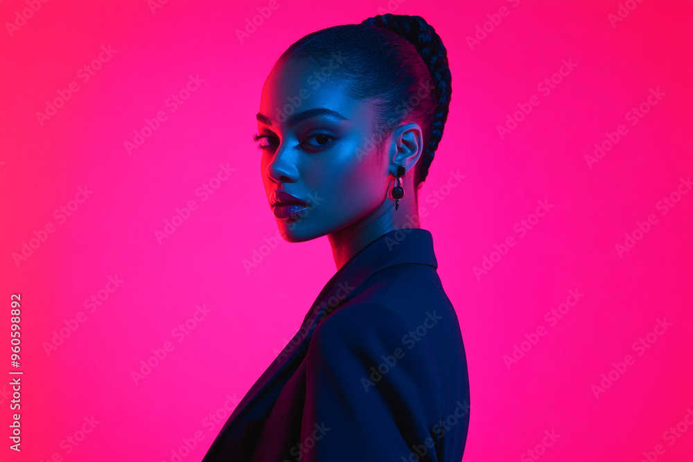 Trendy Woman in Navy Suit with Solid Neon Pink Fashionable Lifestyle Portrait Background for Modern Looks Trendy Woman in Navy Suit with Solid Neon Pink Fashionable Lifestyle Portrait Background for Modern Looks
