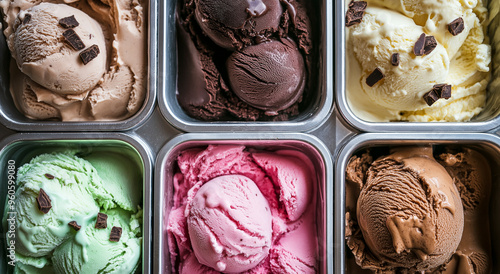 Diferentes sabores de sorvete lindamente dispostos em vários recipientes de metal, com cores e texturas de chocolate, menta e outras variedades. photo