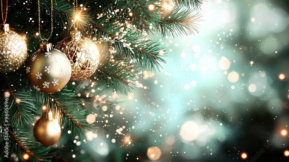 A close-up of a Christmas tree with baubles and snowflakes dangling from its branches A close-up of a Christmas tree with baubles and snowflakes dangling from its branches