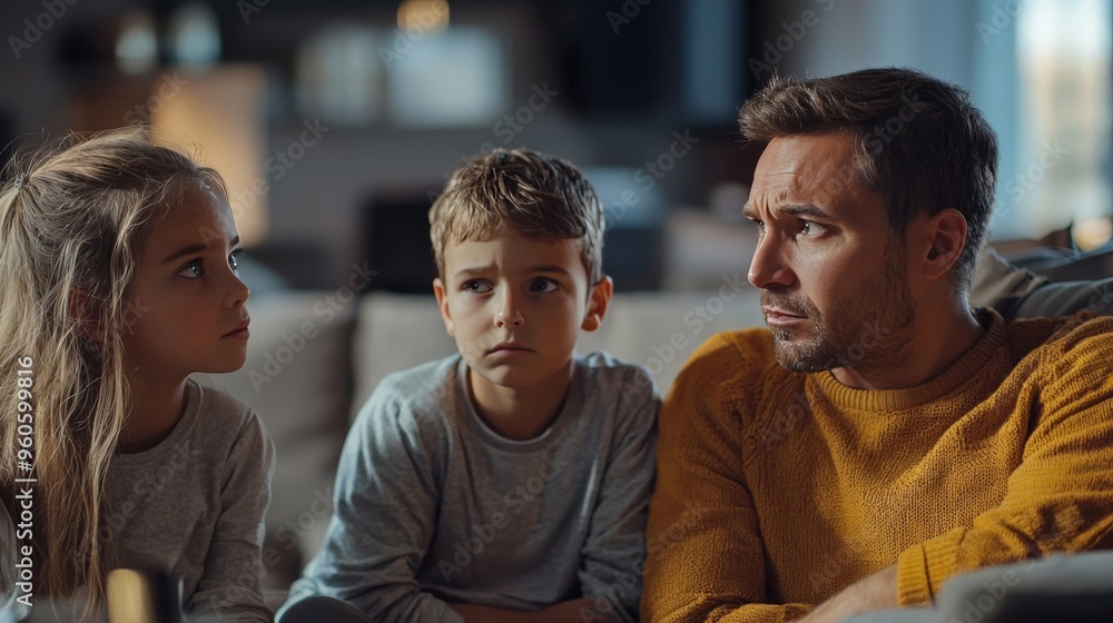 Family discussing health problems in rural areas, concerned look, home environment Family discussing health problems in rural areas, concerned look, home environment
