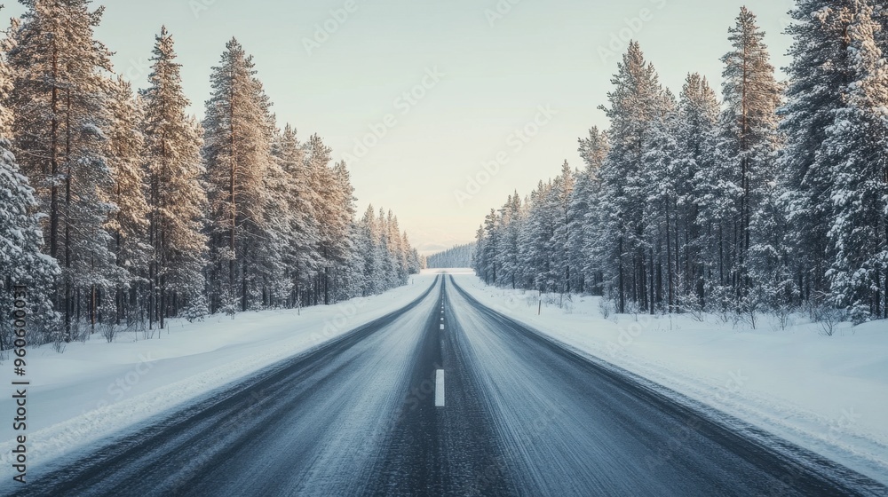 A straight, empty road through a snow-covered landscape, with tall pine trees on either side and a pale winter sky overhead. A straight, empty road through a snow-covered landscape, with tall pine trees on either side and a pale winter sky overhead.