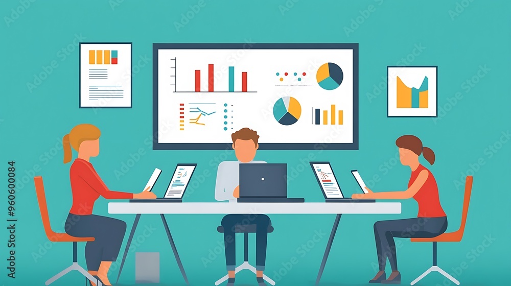 Business Team Meeting Analyzing Data Charts on Whiteboard Business Team Meeting Analyzing Data Charts on Whiteboard