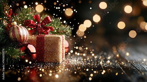   A Christmas present sits atop a wooden table beside a festively decorated Christmas tree with red and golden embellishments photo