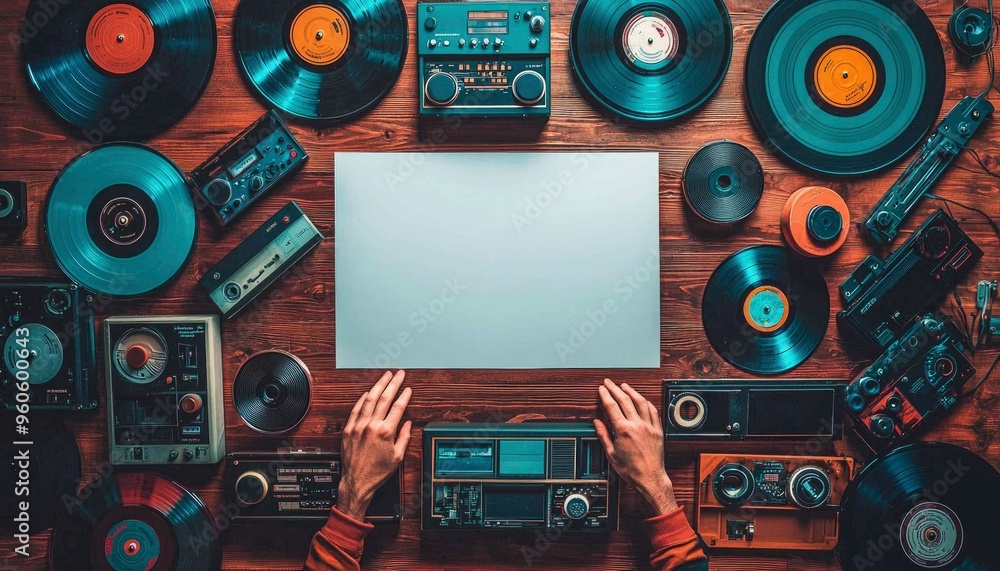 Fototapeta premium Vintage Audio Equipment and Vinyl Records on a Wooden Table