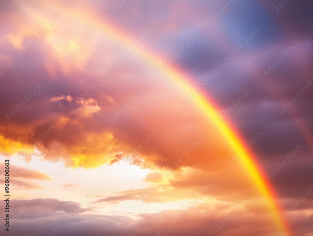 A vibrant rainbow arches through a colorful sky, blending hues of orange, purple, and blue after the rain, symbolizing hope. A vibrant rainbow arches through a colorful sky, blending hues of orange, purple, and blue after the rain, symbolizing hope.