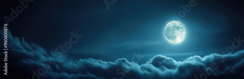 A serene night sky featuring a luminous full moon surrounded by soft, cotton-like clouds under a deep blue atmosphere.