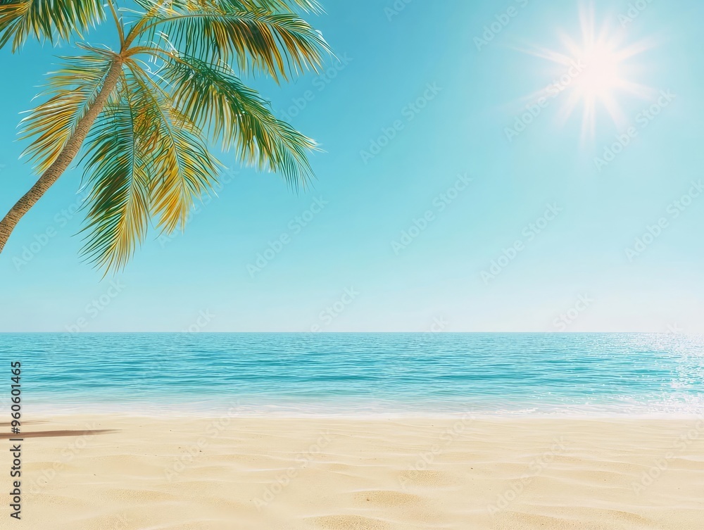 Fototapeta premium A serene beach scene featuring a palm tree, turquoise water, and a bright sun illuminating the peaceful sandy shore.