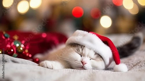 Cat in Christmas hat sleeping on sofa, ai generative photo