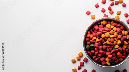 A bowl filled with colorful pet food on a white background, with some pieces scattered around, creating a vibrant and playful scene.