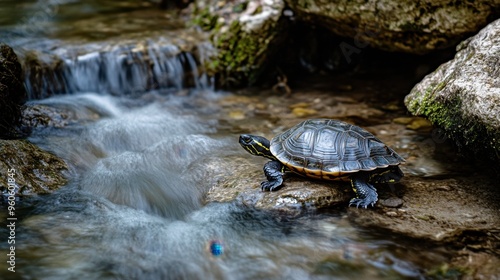 A turtle resting on a rock in a shallow stream, with the water gently flowing around it and creating a peaceful scene.