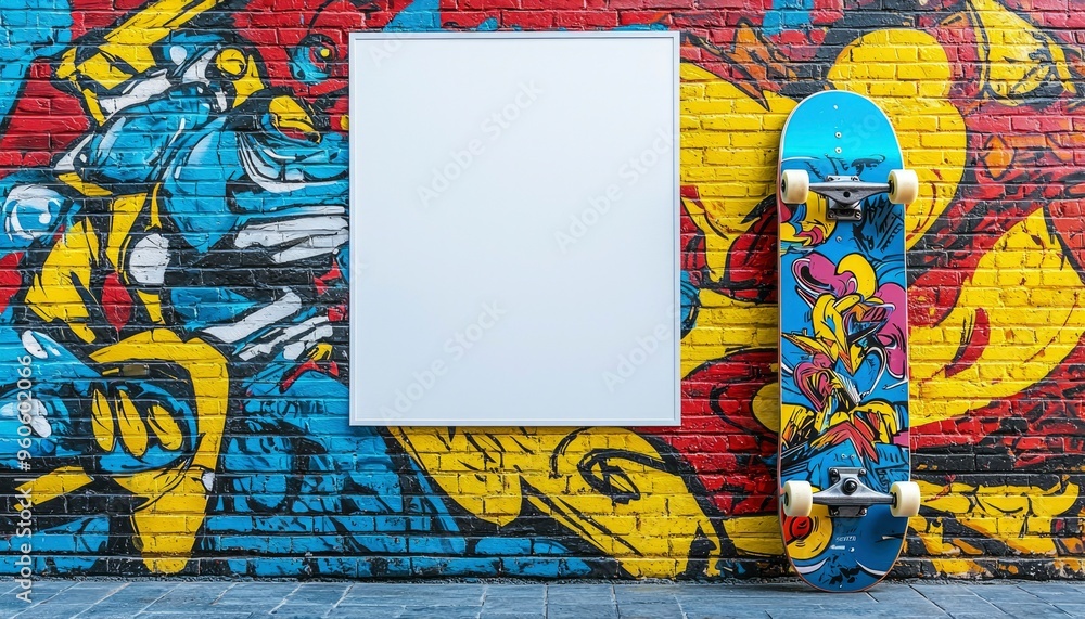 Obraz premium Skateboard Leaning Against Graffiti-Covered Brick Wall with a White Frame
