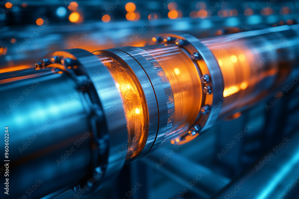 A close-up view of glowing orange pipes in an industrial setting illuminated by dynamic lighting A close-up view of glowing orange pipes in an industrial setting illuminated by dynamic lighting