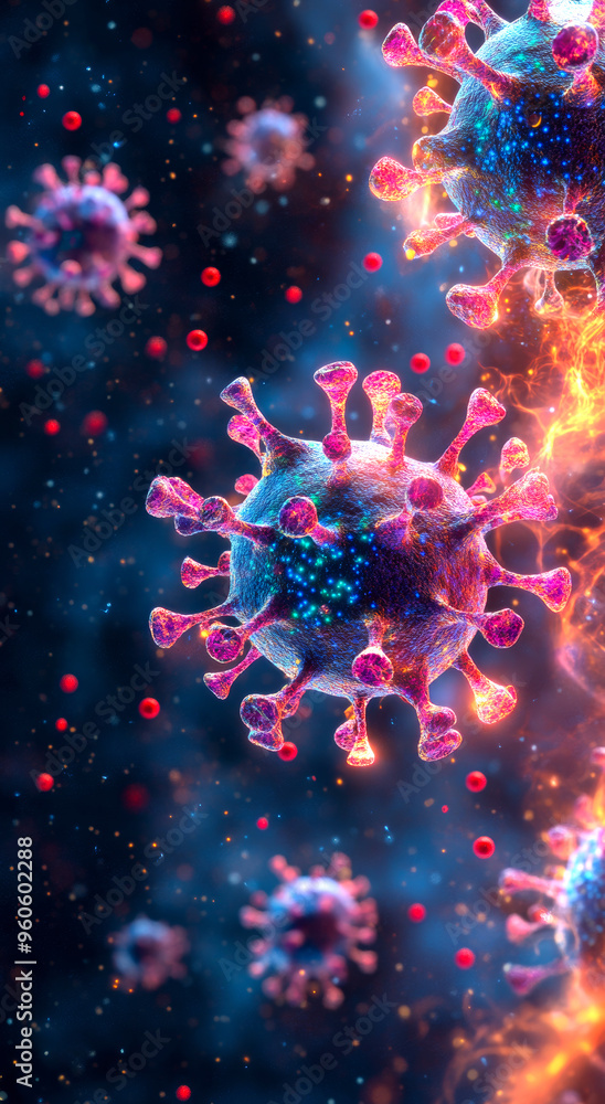 A colorful image of a virus with red and blue colors. The image is abstract and has a futuristic feel to it A colorful image of a virus with red and blue colors. The image is abstract and has a futuristic feel to it