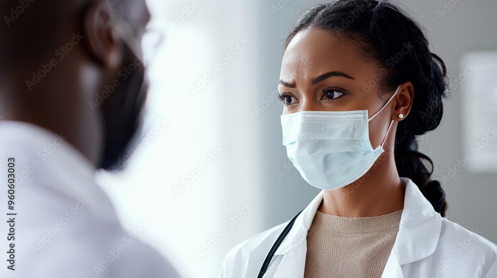 Healthcare worker discussing post-pandemic health issues with a patient, concerned look, clinical setting Healthcare worker discussing post-pandemic health issues with a patient, concerned look, clinical setting