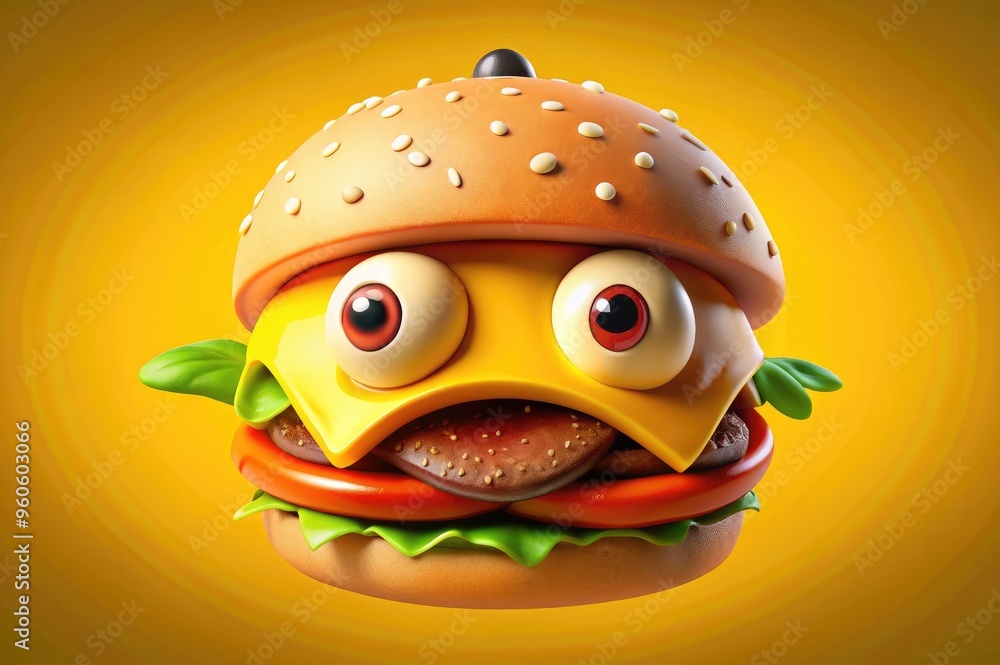 Funny cartoon burger with big eyes, humorous vegetable character, food illustration concept Funny cartoon burger with big eyes, humorous vegetable character, food illustration concept