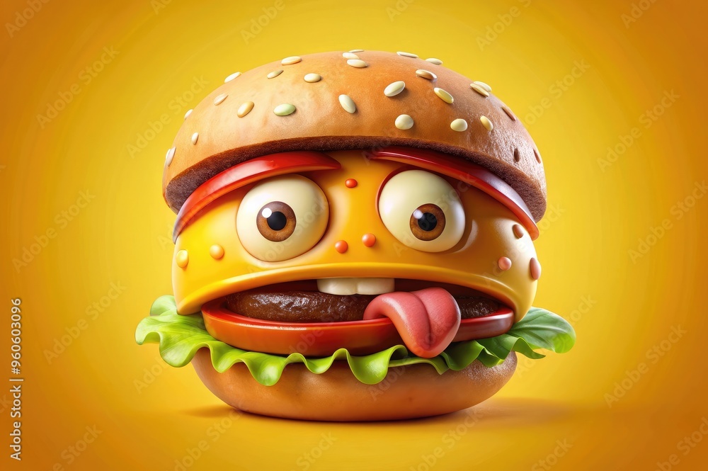 Funny cartoon burger with big eyes, humorous vegetable character, food illustration concept Funny cartoon burger with big eyes, humorous vegetable character, food illustration concept