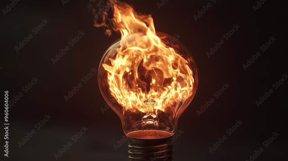 A light bulb with flames inside. A light bulb with flames inside.