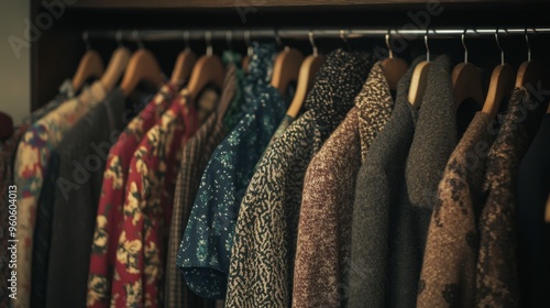 A wardrobe featuring a collection of vintage clothing, with hangers holding dresses, coats, and hats from different eras.