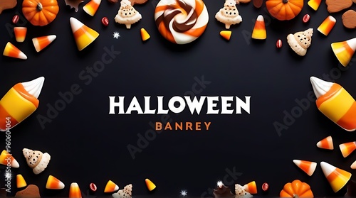 flat lay halloween banner design candy corn decorations copyspace text photo