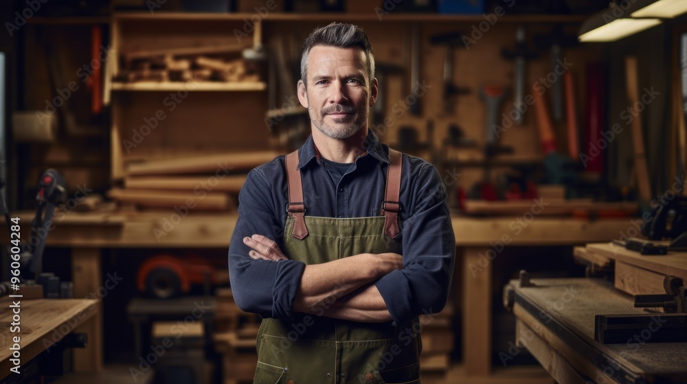 Middle aged carpenter in factory garage interior. Neural network ai generated art Middle aged carpenter in factory garage interior. Neural network ai generated art