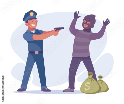 Man Criminal Caught with Sack of Money by Police Vector Illustration