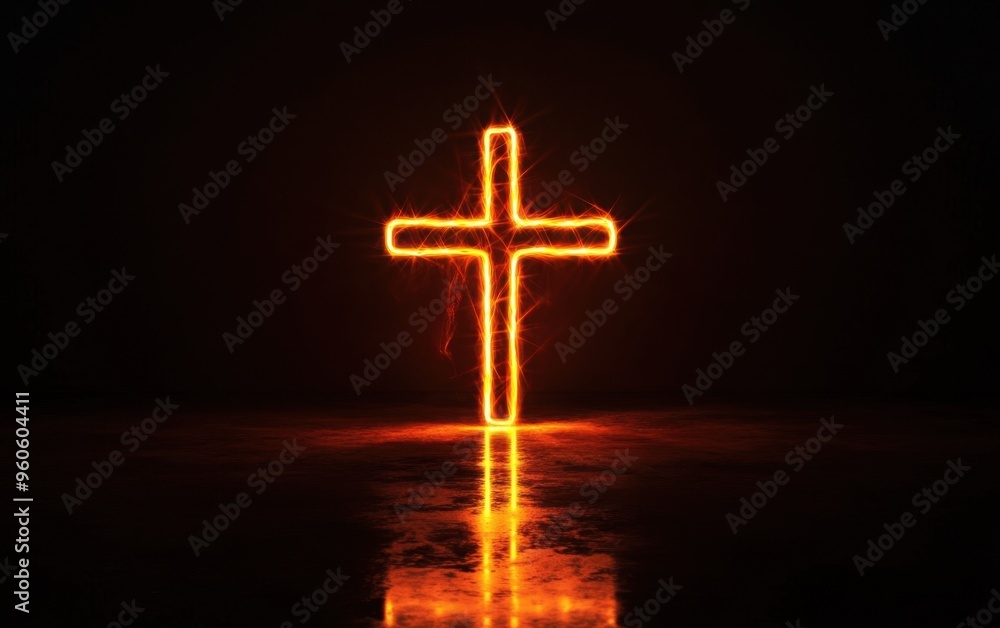A simple cross made of light glowing in the dark, isolated on a black background with copy space Christian concept Generative AI A simple cross made of light glowing in the dark, isolated on a black background with copy space Christian concept Generative AI