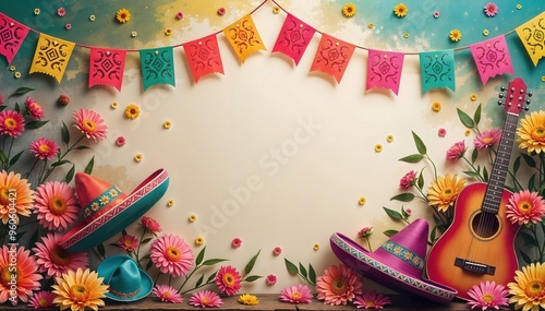 Hispanic Heritage Month Background with Colorful Papel Picado, Flowers, Sombreros, and Mariachi Guitar with copy space, The composition celebrates Latin American culture with festive decorations.