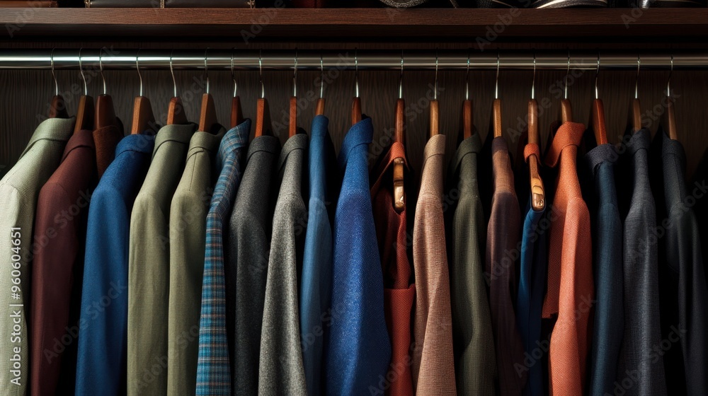 A wardrobe with a focus on professional attire, featuring suits, blouses, and dress shoes, all perfectly organized and ready to wear. A wardrobe with a focus on professional attire, featuring suits, blouses, and dress shoes, all perfectly organized and ready to wear.