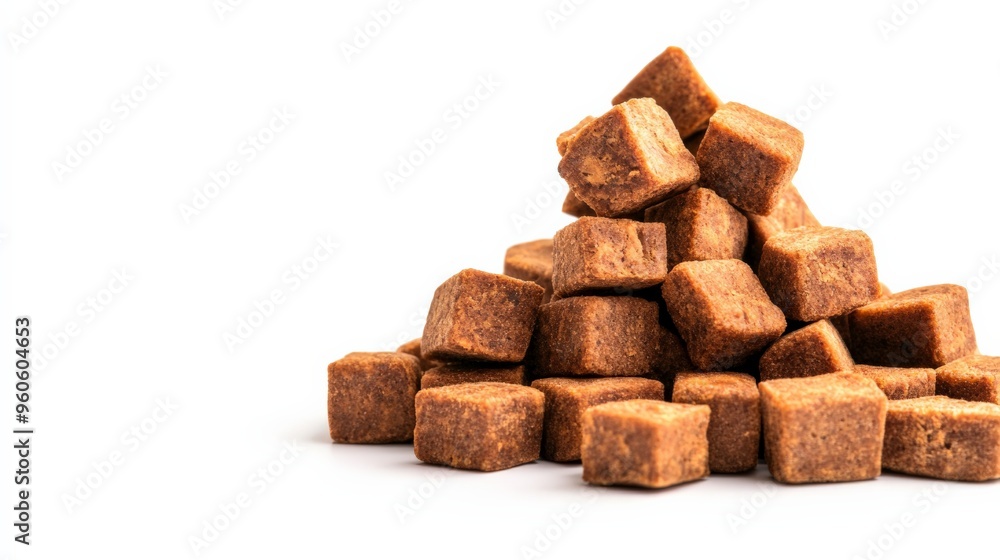 A pile of nutrient-rich pet food cubes isolated on a white background, ideal for pet nutrition and care industries. A pile of nutrient-rich pet food cubes isolated on a white background, ideal for pet nutrition and care industries.
