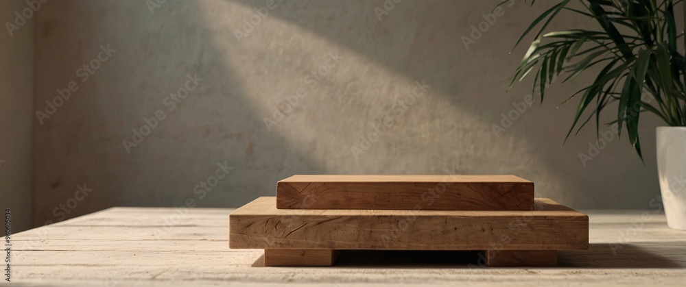 Minimal wood podium with with sunlight background. Minimal wooden stand for branding and packaging presentation Minimal wood podium with with sunlight background. Minimal wooden stand for branding and packaging presentation