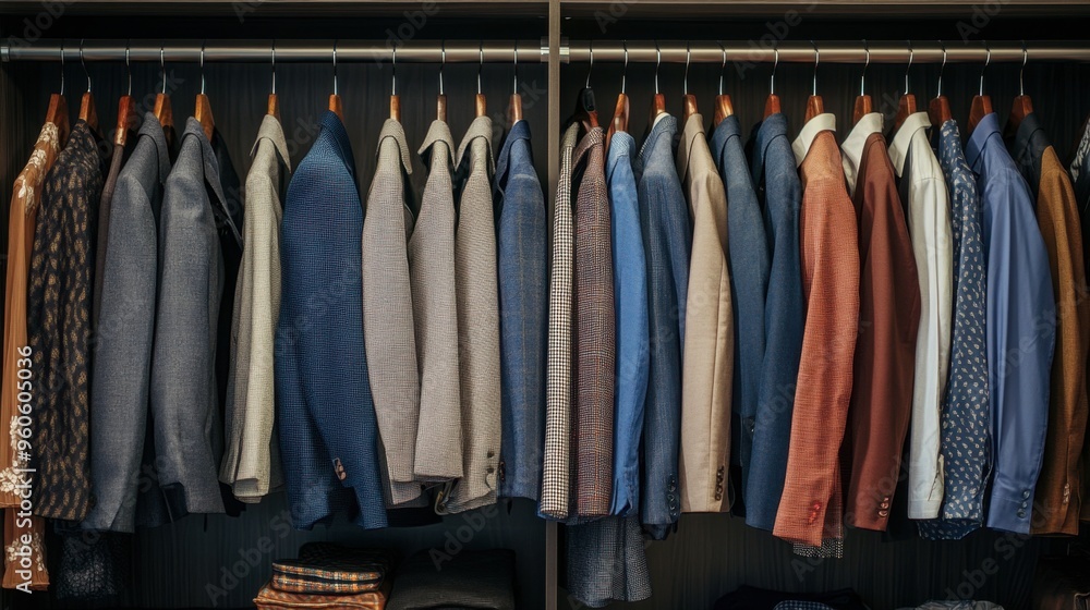 A wardrobe with a mix of formal and casual outfits, with suits, dresses, and jeans all perfectly organized and ready to wear. A wardrobe with a mix of formal and casual outfits, with suits, dresses, and jeans all perfectly organized and ready to wear.
