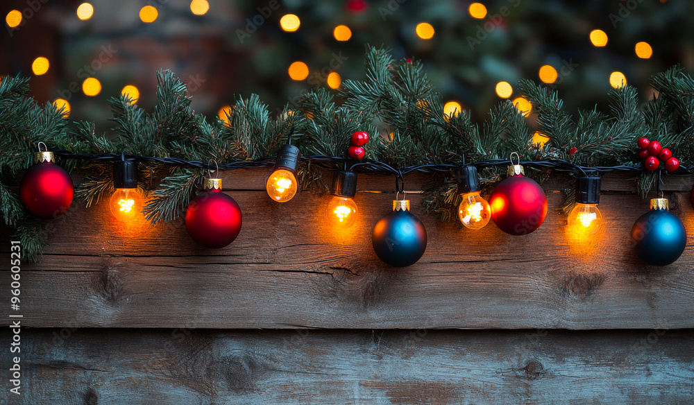 Fototapeta premium A Christmas tree with lights and ornaments hanging from a wooden fence. The lights are yellow and red, and the ornaments are blue and red. Scene is festive and joyful