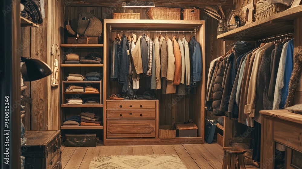 A wardrobe with a rustic, wooden design, filled with cozy, earth-toned clothes, creating a warm, inviting atmosphere. A wardrobe with a rustic, wooden design, filled with cozy, earth-toned clothes, creating a warm, inviting atmosphere.