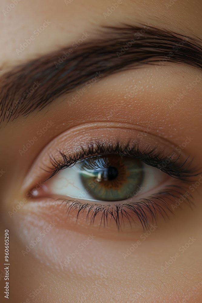 Obraz premium Detailed macro photograph showing the intricate features of a green eye with well-defined eyelashes.