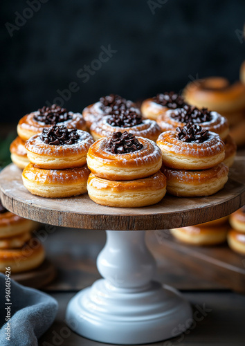 Wallpaper Mural A white cake stand with a variety of donuts on it. The donuts are all different sizes and have different toppings. Concept of abundance and variety, as well as a feeling of indulgence and enjoyment Torontodigital.ca