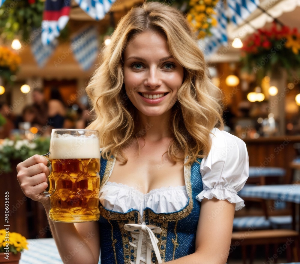 Woman enjoying a beer in a traditional Bavarian dress at Oktoberfest Woman enjoying a beer in a traditional Bavarian dress at Oktoberfest