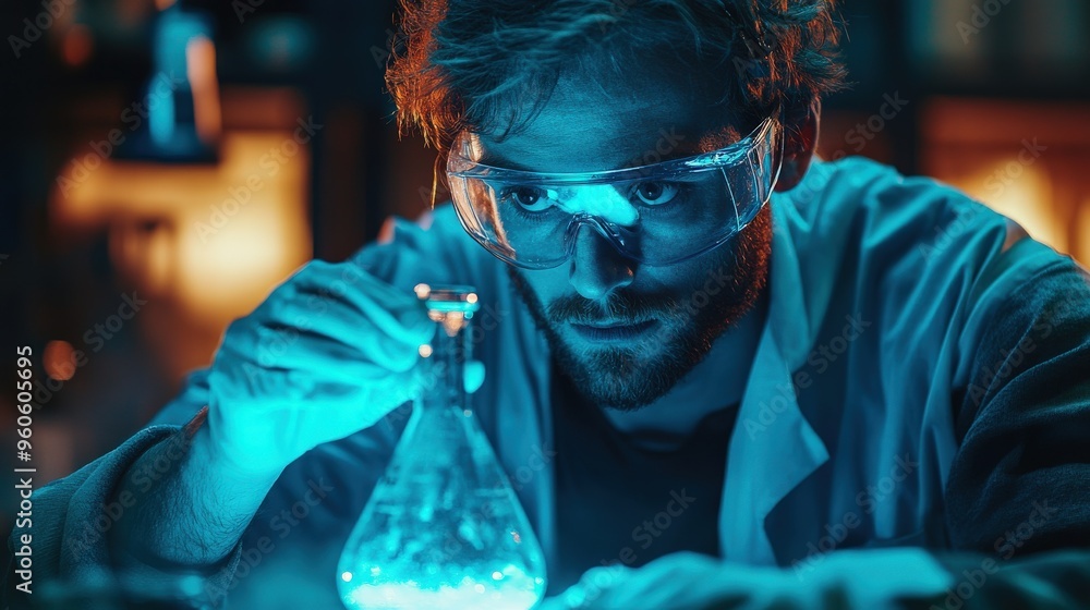 A dedicated scientist, wearing safety goggles, attentively examines a glowing flask while conducting an experiment in a dimly lit laboratory filled with glassware A dedicated scientist, wearing safety goggles, attentively examines a glowing flask while conducting an experiment in a dimly lit laboratory filled with glassware