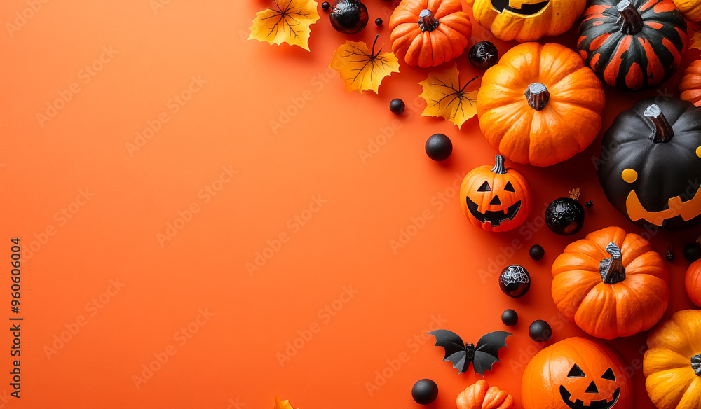 A colorful display of pumpkins and leaves on an orange background. Scene is festive and celebratory, as it is a Halloween scene A colorful display of pumpkins and leaves on an orange background. Scene is festive and celebratory, as it is a Halloween scene