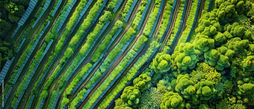 Fototapeta premium Sustainable Energy Harvesting: Solar Panels Array in Lush Agricultural Field