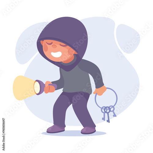 Man Criminal Stand with Passkey and Flashlight Commit Crime and Theft Vector Illustration