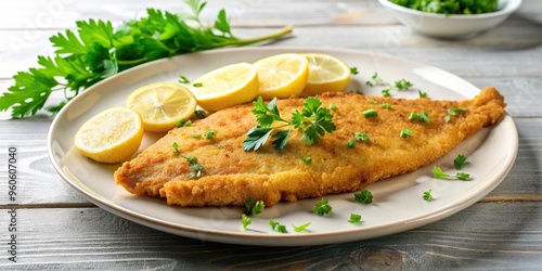 Breaded sole fish with parsley and lemon on a white plate, breaded, nutrition, cooking, crispy, appetizer, restaurant, parsley, sole fish, food, lemon, delicious, gourmet, flavor, lunch