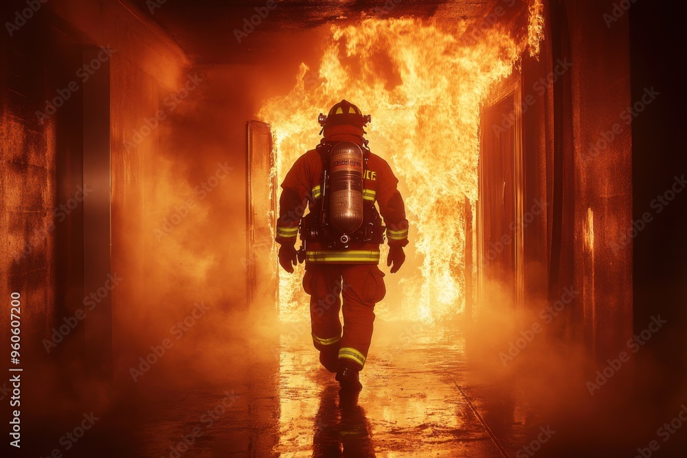 A determined firefighter in full gear walking into a burning building. A determined firefighter in full gear walking into a burning building.