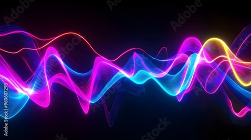 Neon 3D music waves on a black background, 3D background music, vibrant and immersive.