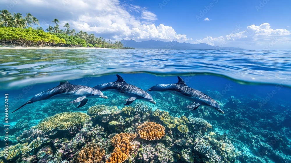 Dolphins swimming near the coast, with a vibrant coral reef visible below and the sky clear and blue. Dolphins swimming near the coast, with a vibrant coral reef visible below and the sky clear and blue.