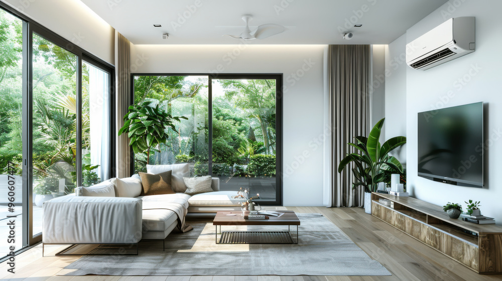 Modern living room with large windows and green plants during daylight Modern living room with large windows and green plants during daylight