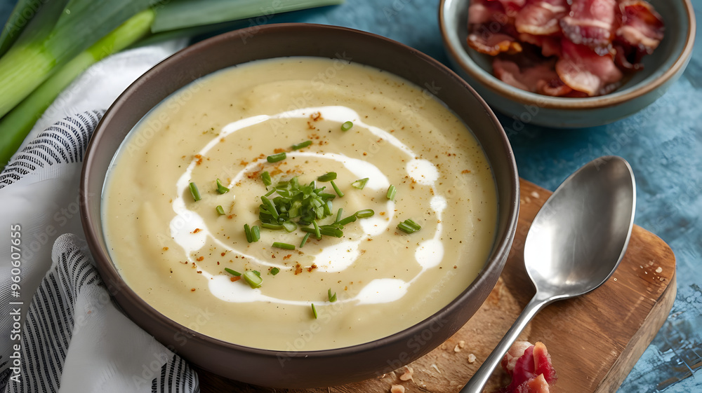 A bowl of creamy potato leek soup, garnished with chopped chives and a swirl of cream, served with a side of crispy bacon bits. A bowl of creamy potato leek soup, garnished with chopped chives and a swirl of cream, served with a side of crispy bacon bits.