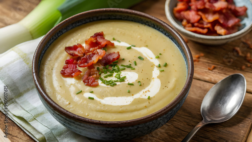 A bowl of creamy potato leek soup, garnished with chopped chives and a swirl of cream, served with a side of crispy bacon bits.