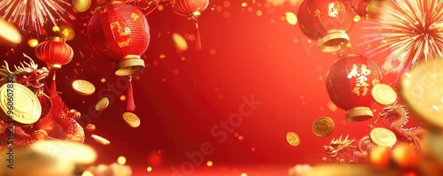 A vibrant scene featuring red lanterns, coins, and festive decorations, perfect for celebrating the Lunar New Year.