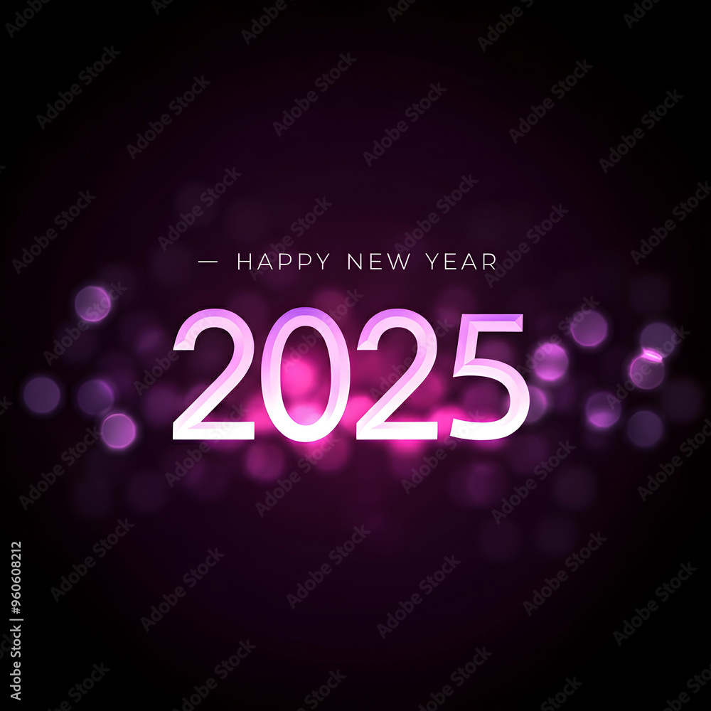 Happy new 2025 year trendy postcard with glowing number in violet and pink colours, poster on dark night background, sparkling, magic, festive, greeting, invitation card. Happy new 2025 year trendy postcard with glowing number in violet and pink colours, poster on dark night background, sparkling, magic, festive, greeting, invitation card.